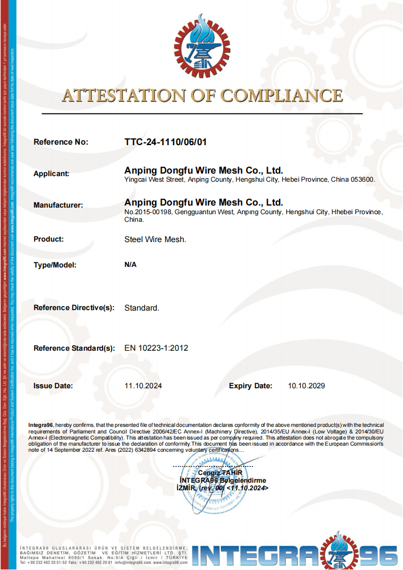 Attestation of compliance for steel wire mesh to EN 10223-1:2012 issued to Anping Dongfu Wire Mesh Co., Ltd.