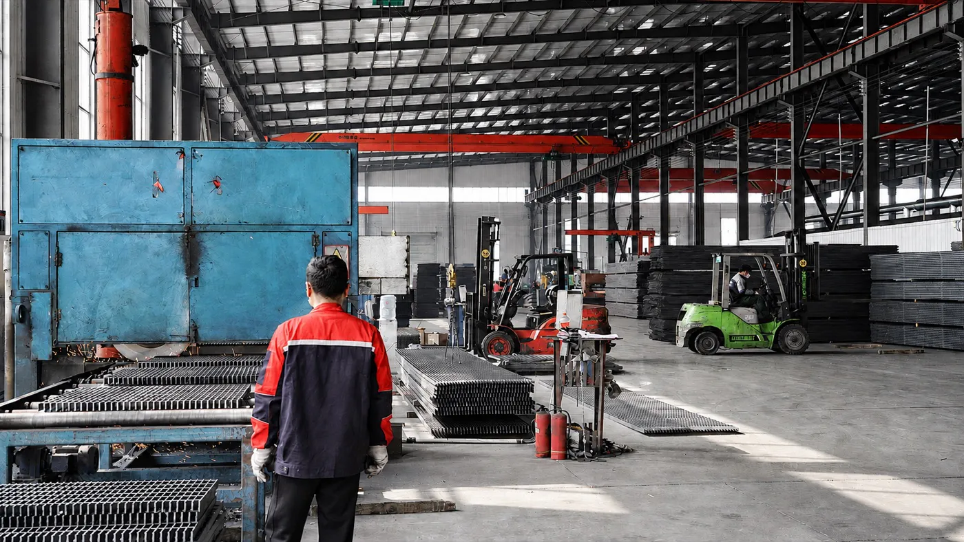 Operator and cutting equipment in a steel grating cutting workshop