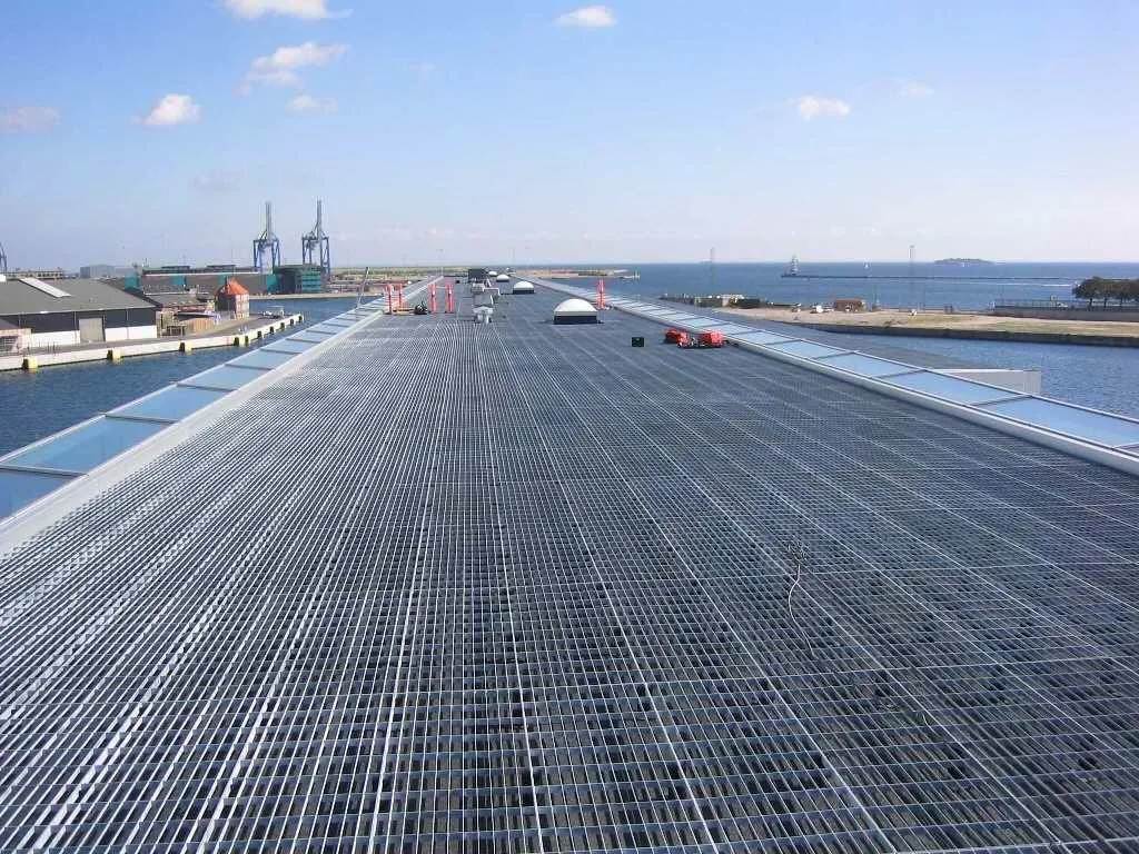 Galvanized steel grating platform in a marine dock environment