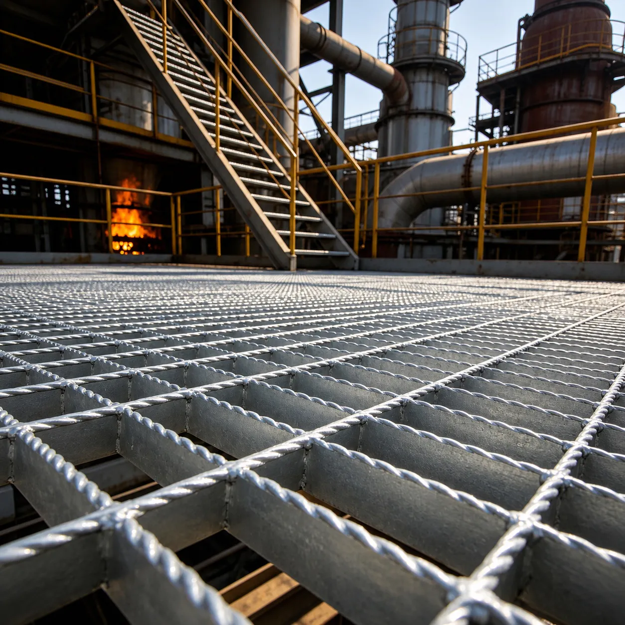 Open steel grating floor on an offshore industrial platform