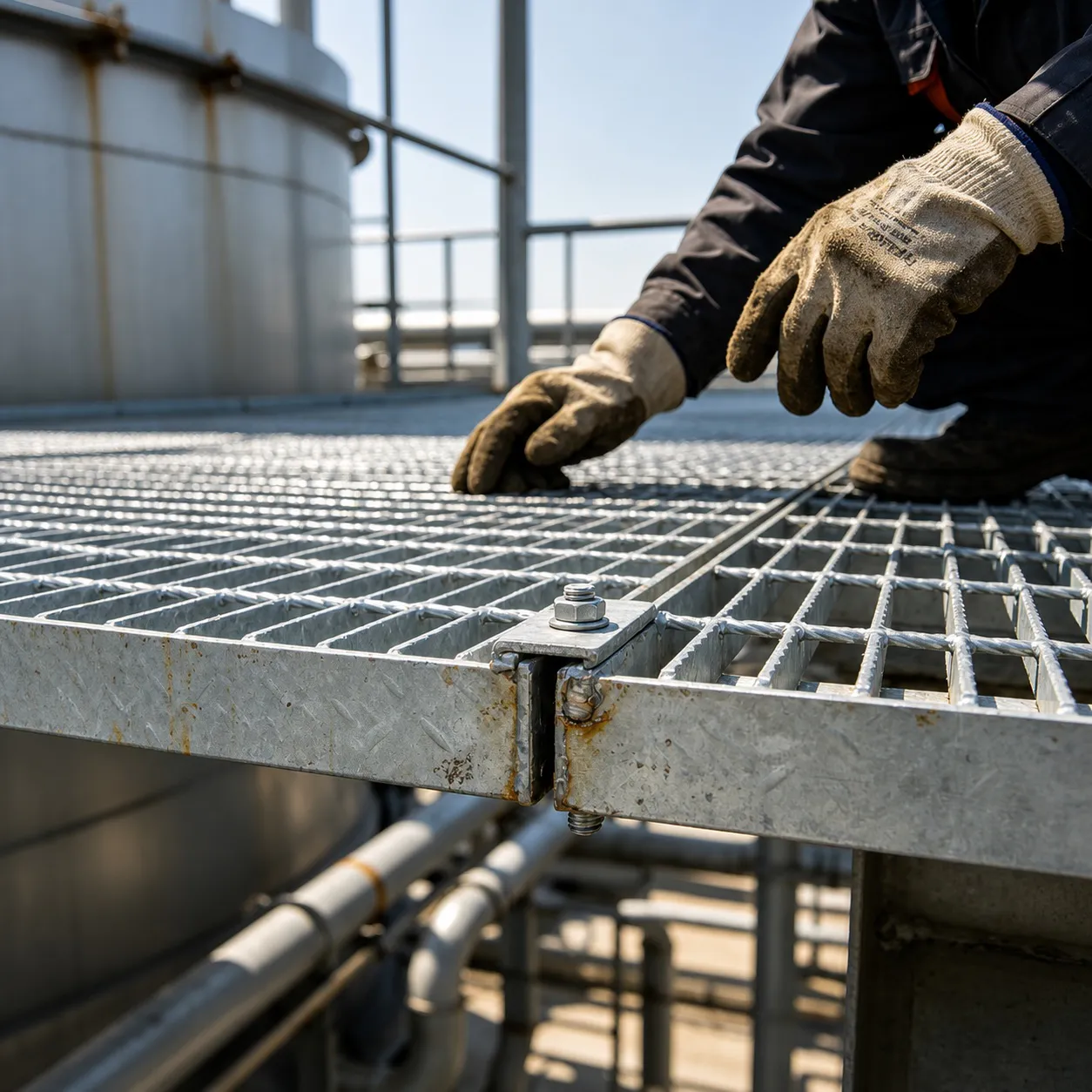 Steel grating installation and maintenance area on an offshore platform