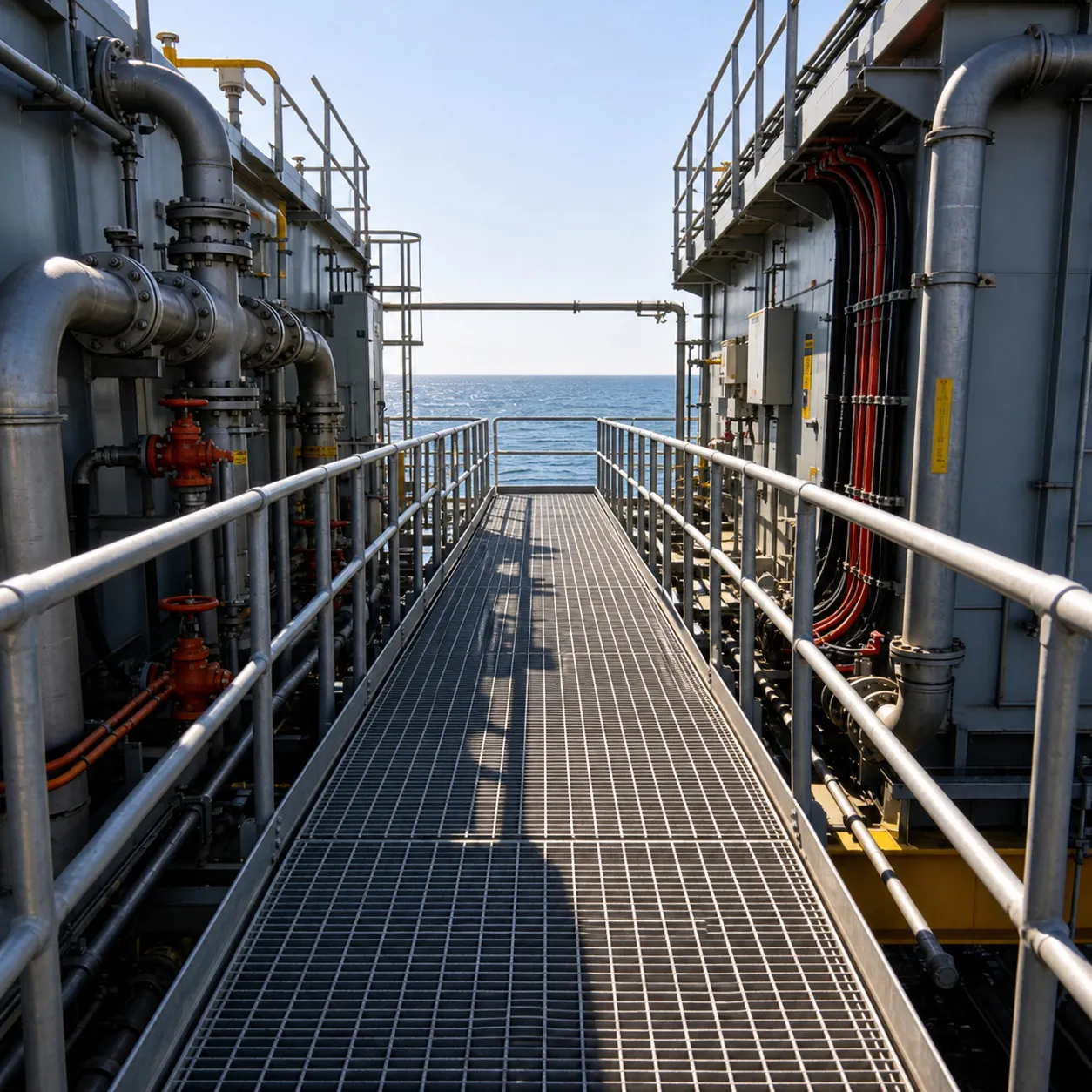 Steel grating maintenance walkway on an offshore oil and gas platform