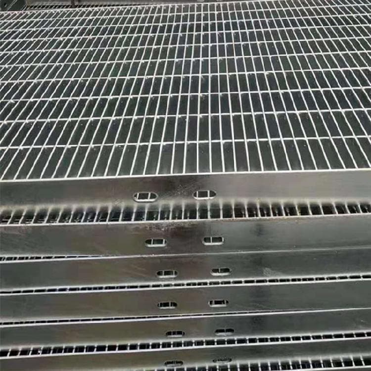 Close view of grating panels fixed across solar-array support rails