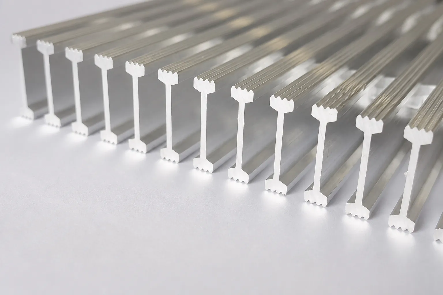 Close-up of profiled aluminum I-shaped bearing bar ends