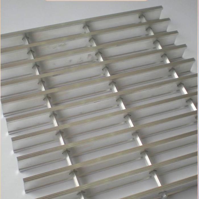 Swage-locked aluminum grating panel showing I-shaped bearing bars and transverse locking bars